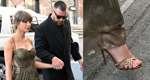 Taylor Swift Is Every Bit the Beautiful Wedding Guest in Aquazzura “Tequila” Heels and Gold Maria Lucia Hohan Dress