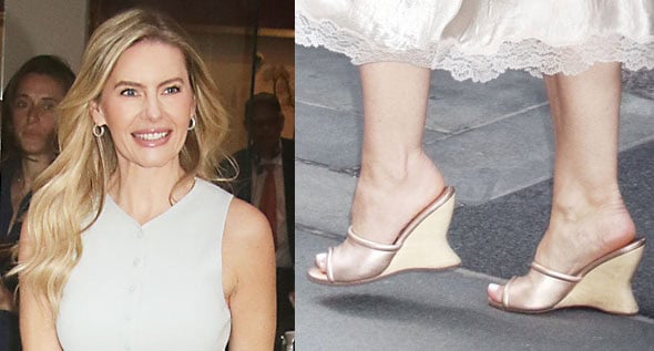 Elisha Cuthbert Welcomes Summer in Sculptural Metallic Rachel Comey Wedges