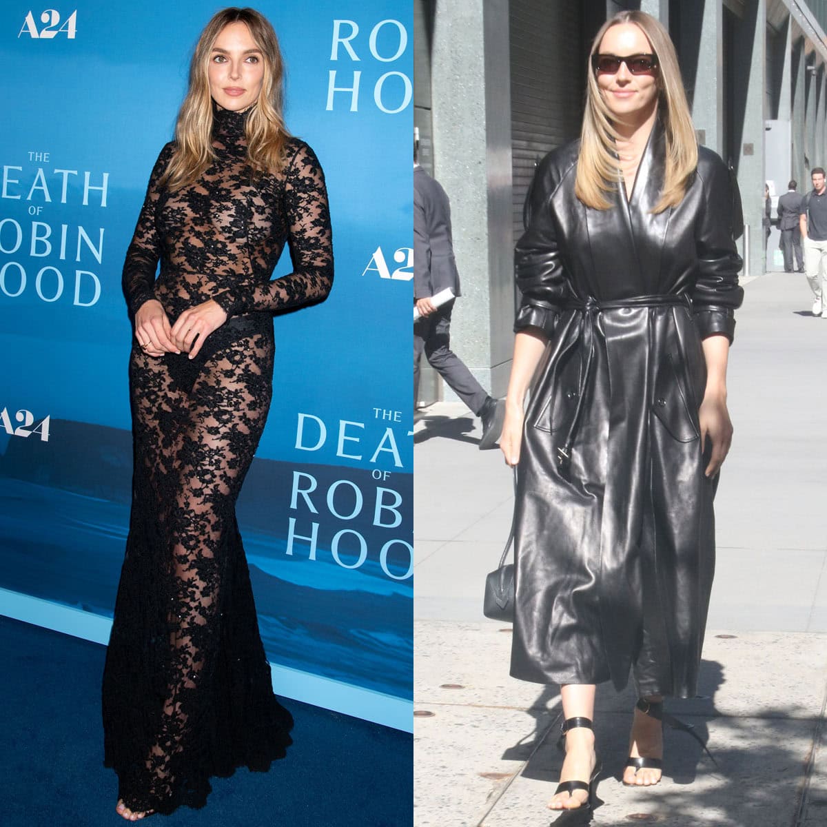 Jodie Comer goes from a bold lace Givenchy gown with minimalist heels at The Death of Robin Hood Tribeca premiere to a sleek Burberry leather ensemble with Christen "Helix" sandals on Live with Kelly & Mark
