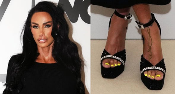 Katie Price Sparks Up a Sleek Black Midi Dress With Crystal Kurt Geiger Platform Sandals
