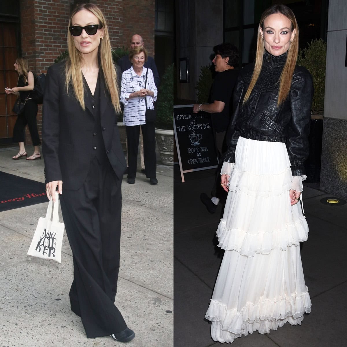 Olivia Wilde showcases two sides of her signature style while promoting The Invite in New York City on June 15, 2026, pairing an Officine Générale suit with Onitsuka Tiger Mexico 66 sneakers before switching to Giuseppe Zanotti mules with a romantic Chloé ruffle dress for the film's screening at The Whitby Hotel