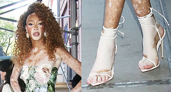Winnie Harlow Pairs a $1,995 Leo Lin Floral Mini Dress With Secret White Lace-Up Sandals