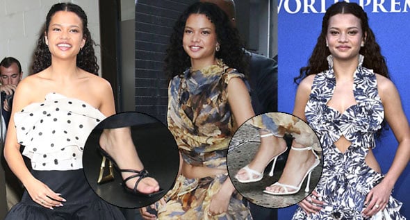 Catherine Laga’aia’s ‘Moana’ Press Tour: Brandon Blackwood Bamboo Heels & Jimmy Choo ‘Ixia’ Sandals