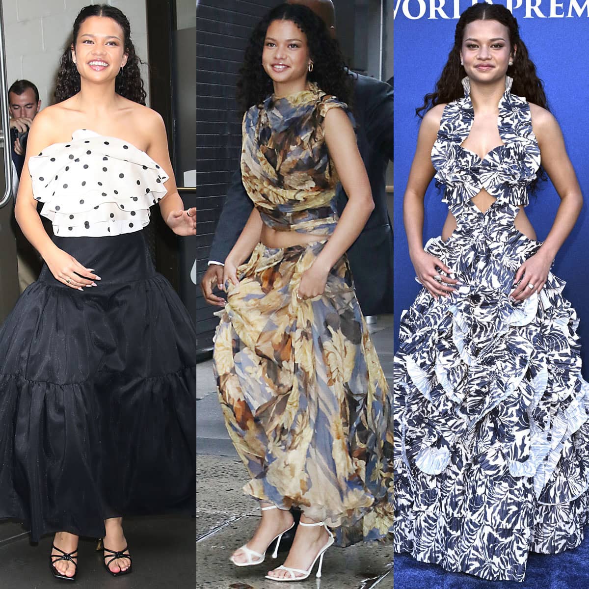 Catherine Laga'aia showcases her style prowess in Cult Gaia dresses and heels by Brandon Blackwood and Jimmy Choo while promoting her Disney movie Moana
