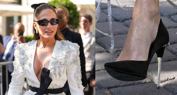 Jennifer Lopez Front Rows at Zuhair Murad in Crystal Couture and $995 Dolce & Gabbana Silver-Heel Pumps