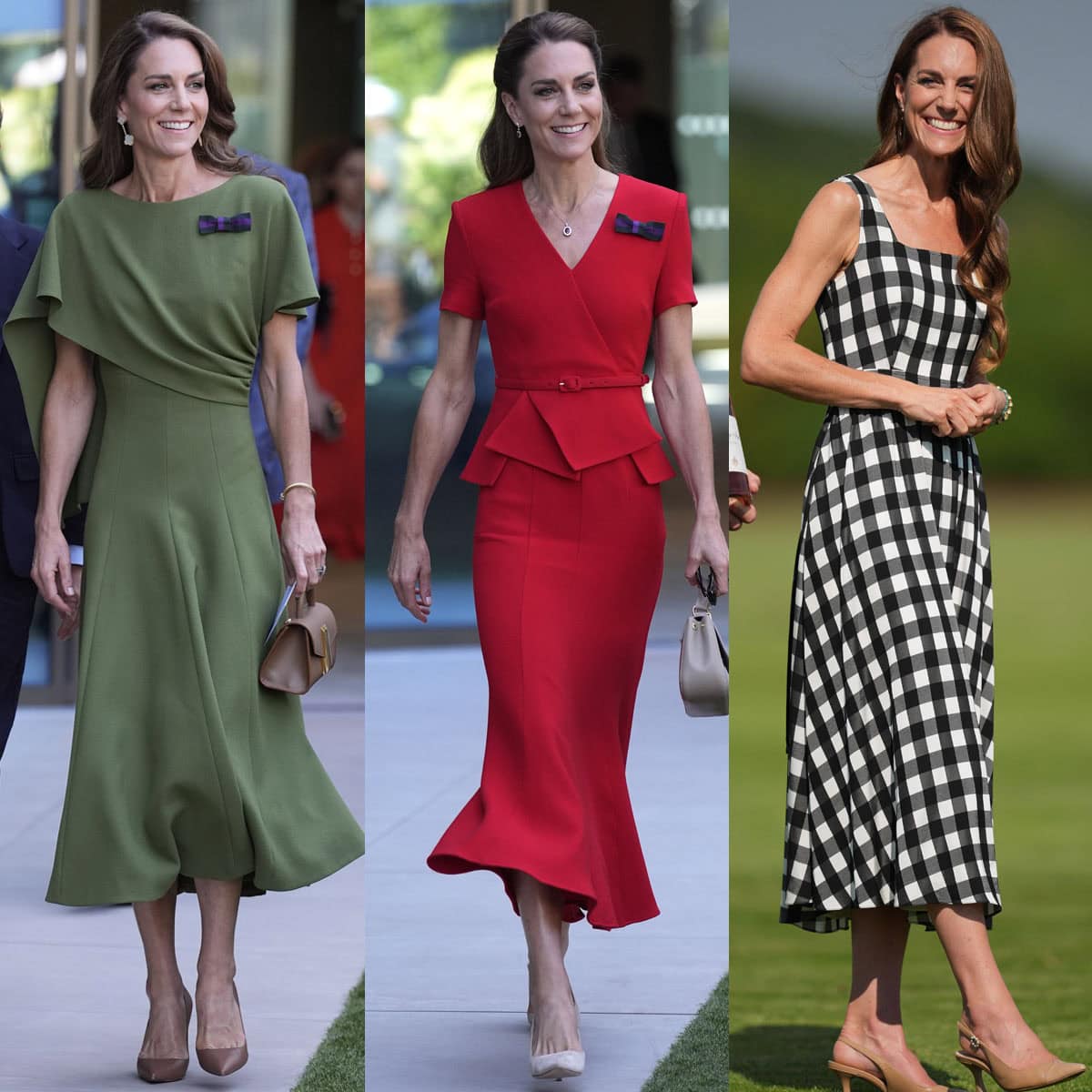 Catherine, Princess of Wales, attends the 2026 Wimbledon Championships at the All England Lawn Tennis and Croquet Club and the DMMI Royal Charity Polo Cup 2026 at Guards Polo Club in elegant midi dresses and neutral-colored pumps