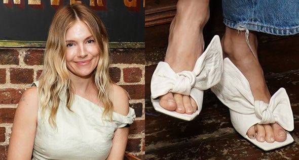 Sienna Miller’s Givenchy “Boudoir” Mules Mix Oversized Bows and Neon Sculpted Heels