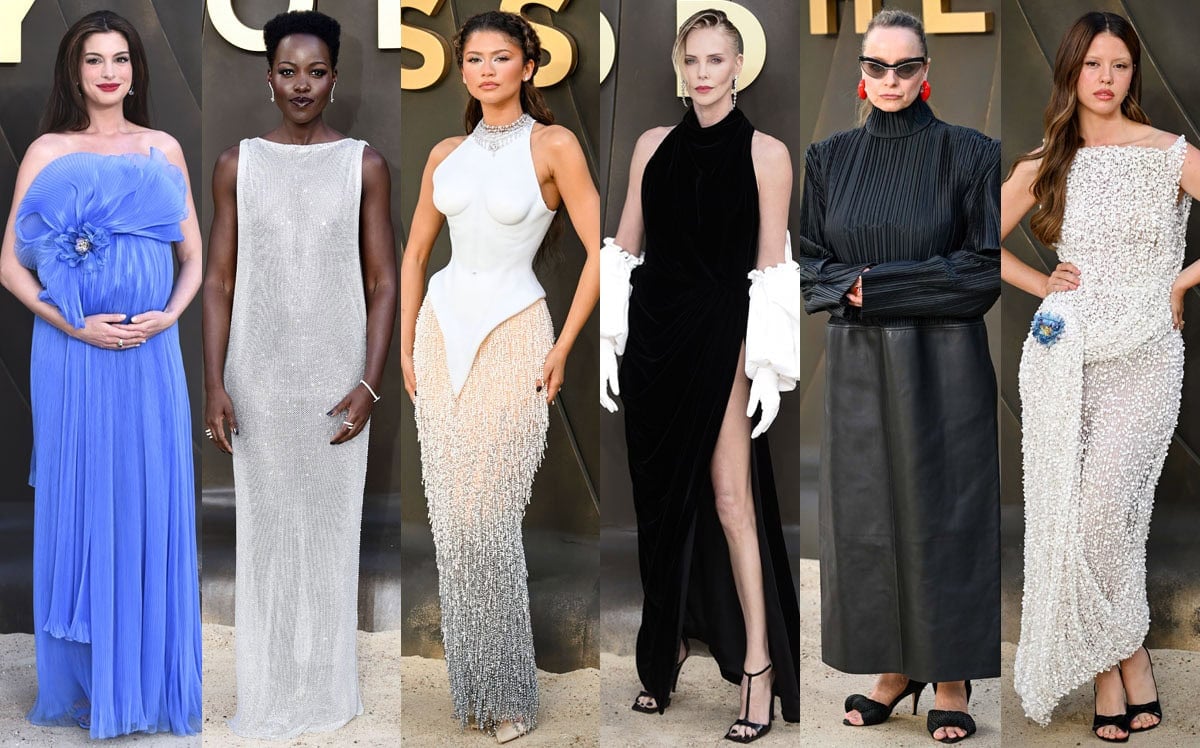 Anne Hathaway, Lupita Nyong'o, Zendaya, Charlize Theron, Samantha Morton, and Mia Goth showcase couture gowns and designer shoes at The Odyssey London premiere