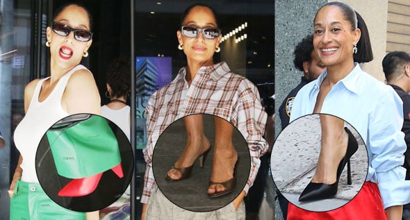 Tracee Ellis Ross Takes Her ‘Solo Traveling’ Press Tour in Loewe Origami Heels & Prada Satin Pumps
