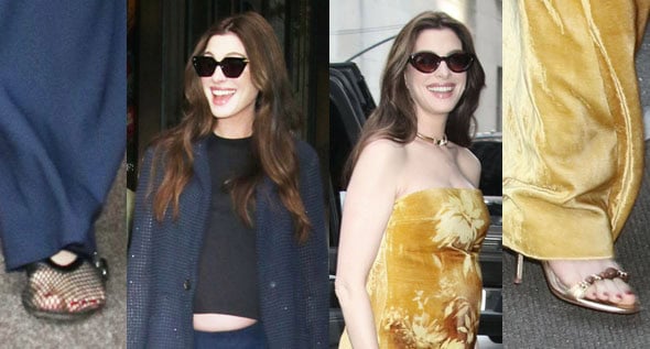 Anne Hathaway Masters Maternity Style in Alaïa’s Viral Mesh Flats and Gold Gianvito Rossi Heels